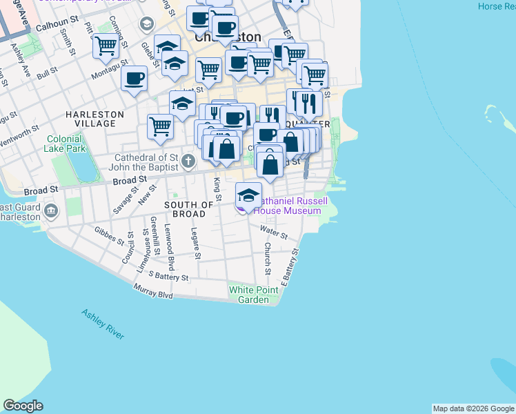 map of restaurants, bars, coffee shops, grocery stores, and more near 62 Tradd Street in Charleston