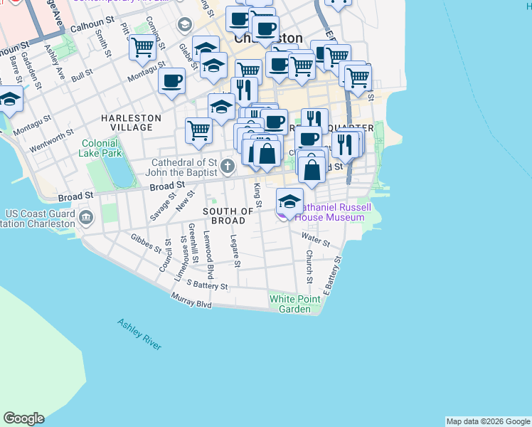 map of restaurants, bars, coffee shops, grocery stores, and more near 90 Tradd Street in Charleston