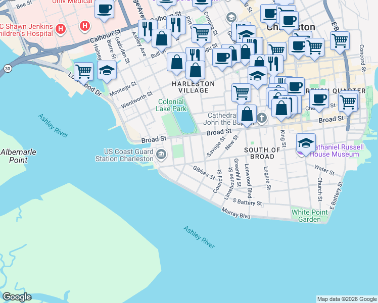 map of restaurants, bars, coffee shops, grocery stores, and more near 38 Ashley Avenue in Charleston
