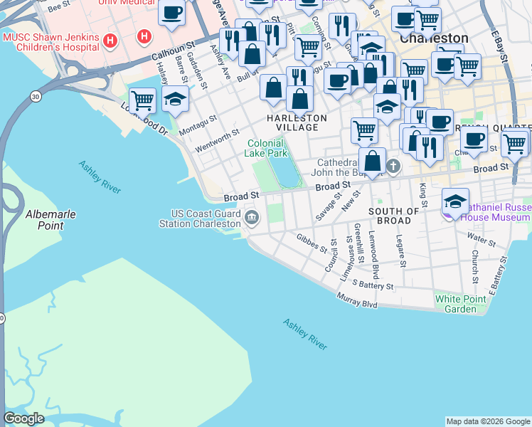 map of restaurants, bars, coffee shops, grocery stores, and more near 309 Broad Street in Charleston