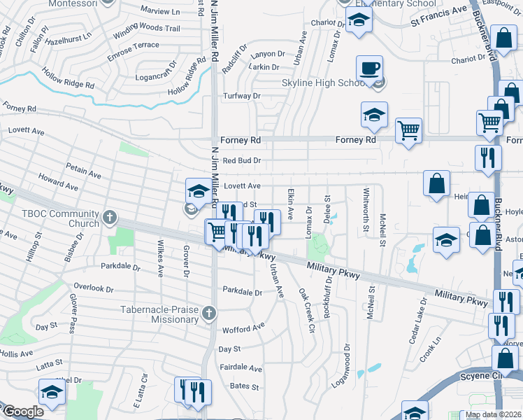 map of restaurants, bars, coffee shops, grocery stores, and more near 7103 Toland Street in Dallas