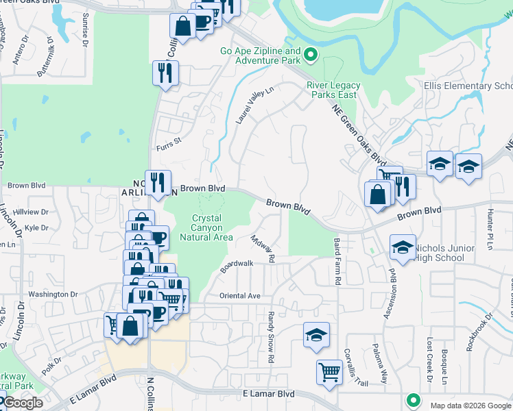 map of restaurants, bars, coffee shops, grocery stores, and more near 2508 Canyon Ridge Court in Arlington