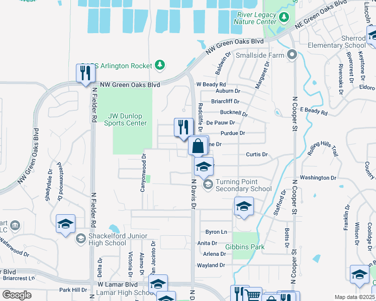 map of restaurants, bars, coffee shops, grocery stores, and more near 2430 North Davis Drive in Arlington