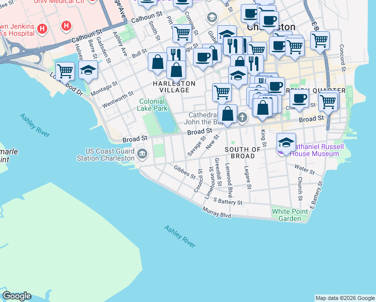 map of restaurants, bars, coffee shops, grocery stores, and more near 13 Rutledge Avenue in Charleston