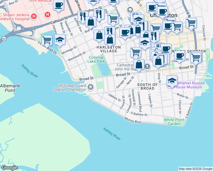 map of restaurants, bars, coffee shops, grocery stores, and more near 38 Ashley Avenue in Charleston
