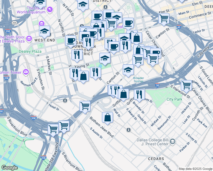map of restaurants, bars, coffee shops, grocery stores, and more near 717 South Akard Street in Dallas