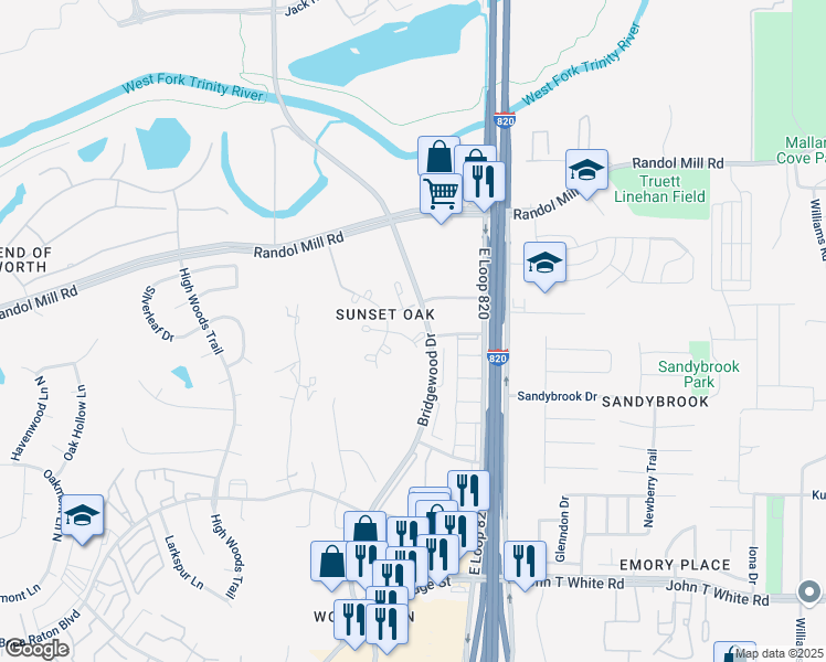 map of restaurants, bars, coffee shops, grocery stores, and more near 317 Willow Oak Drive in Fort Worth