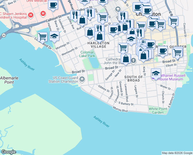map of restaurants, bars, coffee shops, grocery stores, and more near 38 Ashley Avenue in Charleston