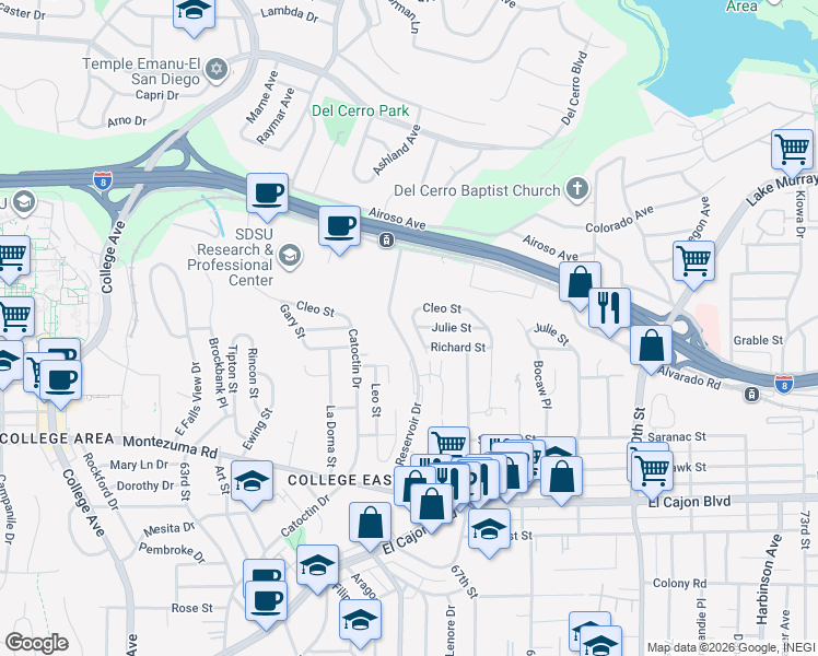 map of restaurants, bars, coffee shops, grocery stores, and more near 6627 Cleo Street in San Diego