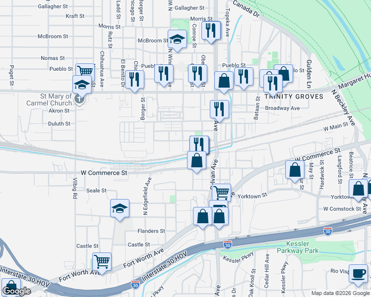 map of restaurants, bars, coffee shops, grocery stores, and more near 930 Muncie Avenue in Dallas