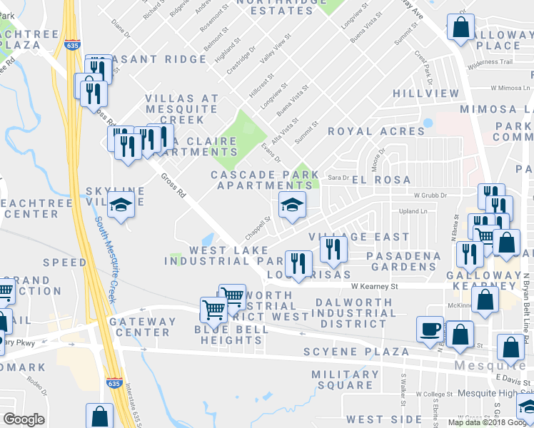 map of restaurants, bars, coffee shops, grocery stores, and more near 1007 Chappell Street in Mesquite