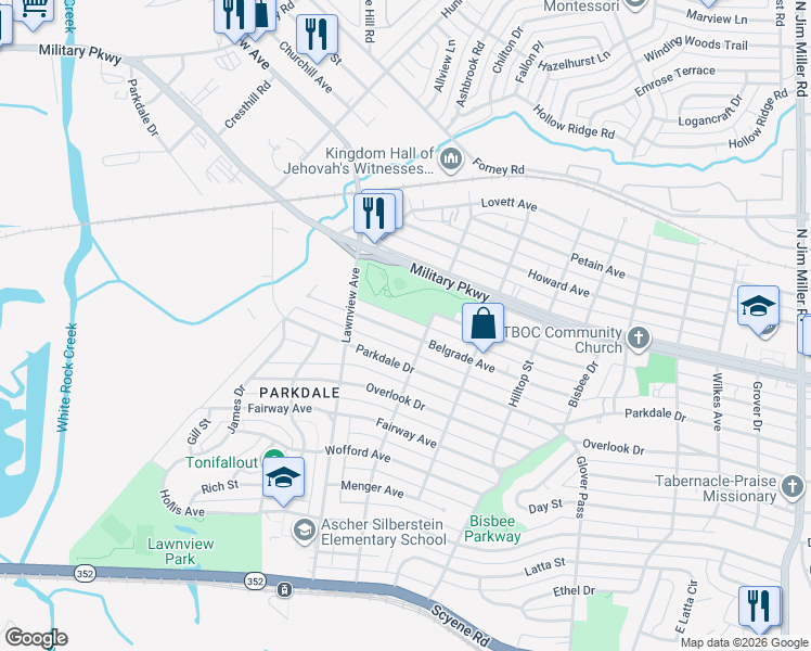 map of restaurants, bars, coffee shops, grocery stores, and more near 3817 Elmira Street in Dallas