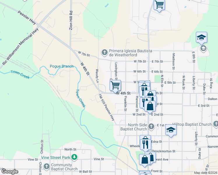 map of restaurants, bars, coffee shops, grocery stores, and more near 1313 Oliver Street in Weatherford