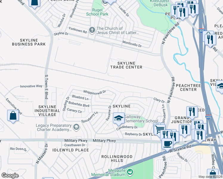 map of restaurants, bars, coffee shops, grocery stores, and more near 2425 Whippoorwill Drive in Mesquite