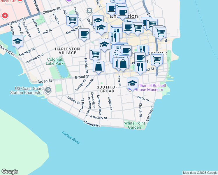 map of restaurants, bars, coffee shops, grocery stores, and more near 112 Tradd Street in Charleston