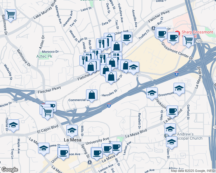 map of restaurants, bars, coffee shops, grocery stores, and more near 8360-8380 Center Drive in La Mesa