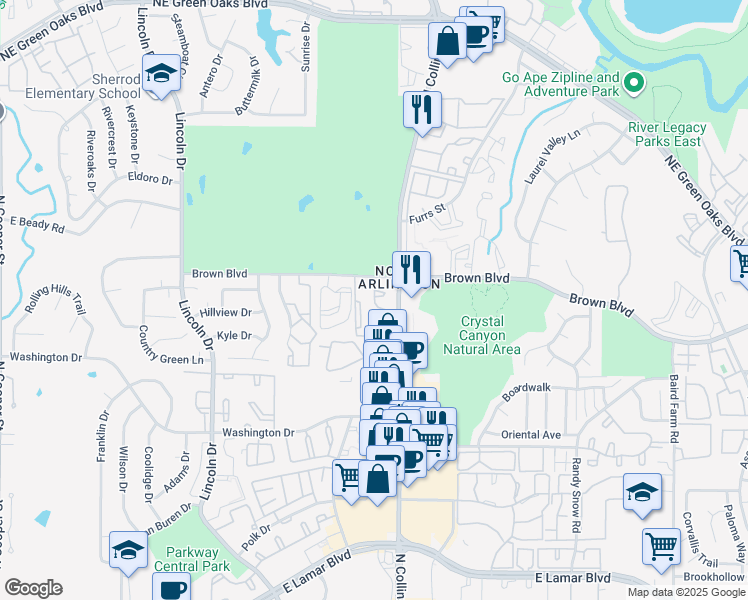 map of restaurants, bars, coffee shops, grocery stores, and more near 2319 Fair Oaks Drive in Arlington