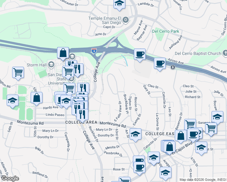map of restaurants, bars, coffee shops, grocery stores, and more near 5325 East Falls View Drive in San Diego