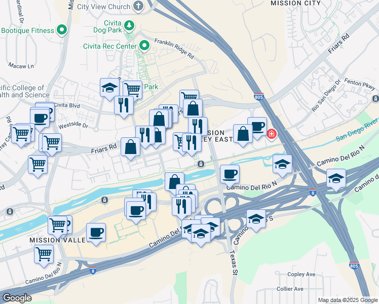 map of restaurants, bars, coffee shops, grocery stores, and more near 55 Station Village Way in San Diego