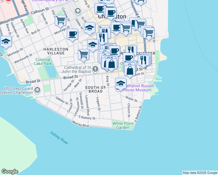 map of restaurants, bars, coffee shops, grocery stores, and more near 90 Tradd Street in Charleston