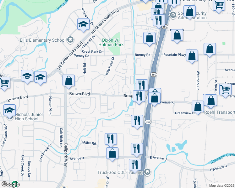 map of restaurants, bars, coffee shops, grocery stores, and more near 2500 Peargrove Circle in Arlington