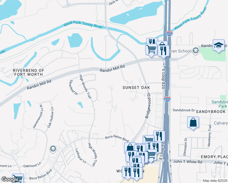 map of restaurants, bars, coffee shops, grocery stores, and more near 305 Canyon Creek Trail in Fort Worth
