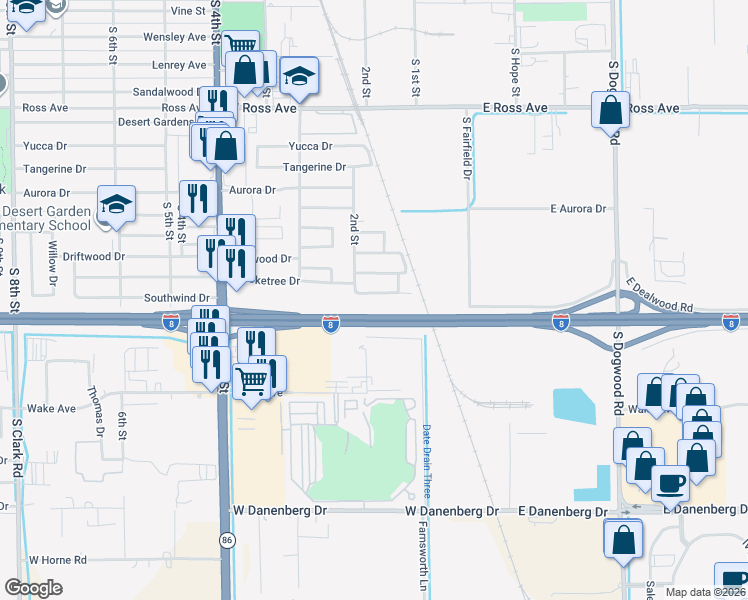map of restaurants, bars, coffee shops, grocery stores, and more near 171 Southwind Drive in El Centro