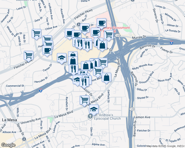 map of restaurants, bars, coffee shops, grocery stores, and more near 8780 Grossmont Boulevard in La Mesa
