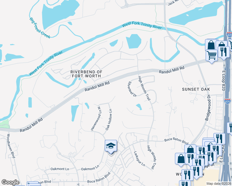 map of restaurants, bars, coffee shops, grocery stores, and more near 5913 End O Trail in Fort Worth