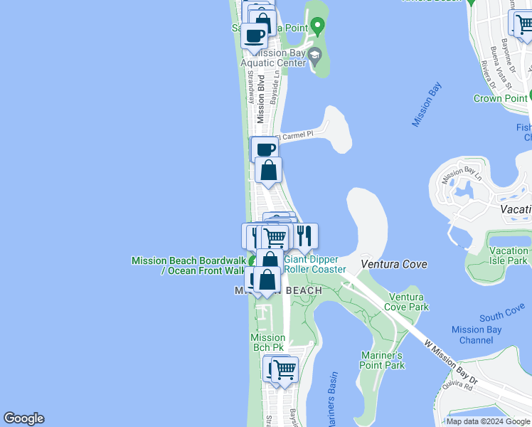 map of restaurants, bars, coffee shops, grocery stores, and more near 735 Jersey Court in San Diego