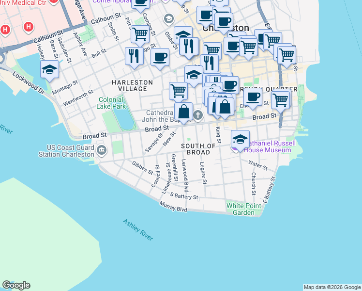 map of restaurants, bars, coffee shops, grocery stores, and more near 5 Logan Street in Charleston