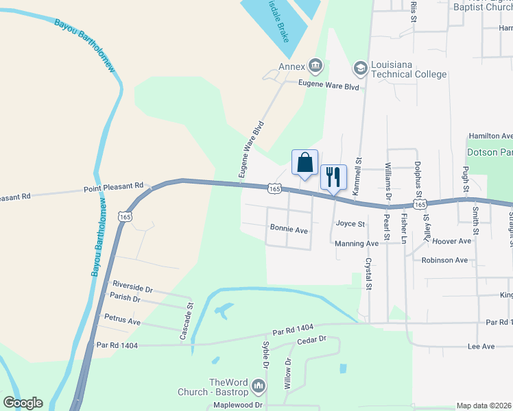 map of restaurants, bars, coffee shops, grocery stores, and more near Providence Avenue in Bastrop