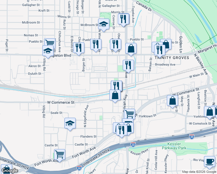 map of restaurants, bars, coffee shops, grocery stores, and more near 930 Muncie Avenue in Dallas