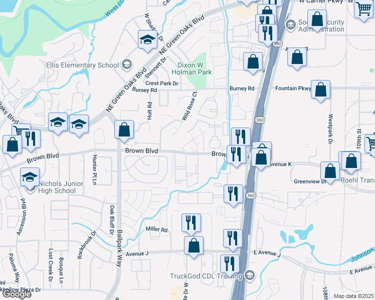 map of restaurants, bars, coffee shops, grocery stores, and more near 2403 Brown Boulevard in Arlington