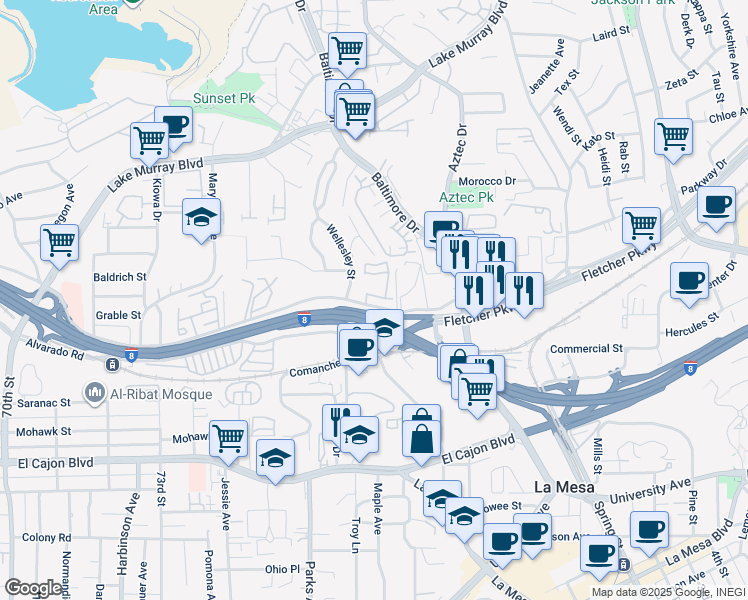map of restaurants, bars, coffee shops, grocery stores, and more near 7646 Parkway Drive in La Mesa