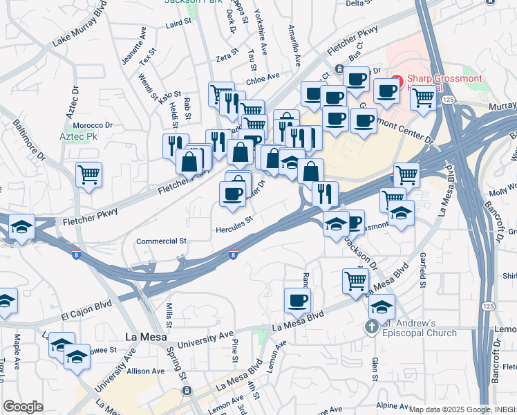 map of restaurants, bars, coffee shops, grocery stores, and more near 5345 Timken Street in La Mesa