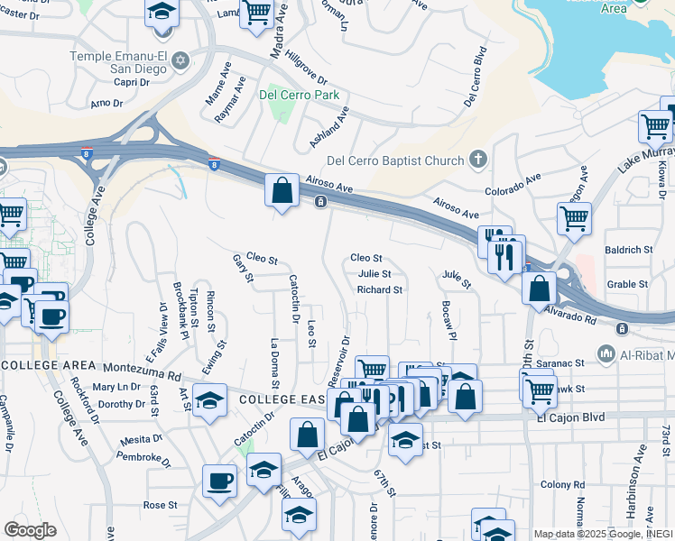 map of restaurants, bars, coffee shops, grocery stores, and more near 6627 Cleo Street in San Diego