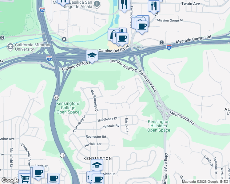 map of restaurants, bars, coffee shops, grocery stores, and more near 4330 Ridgeway Drive in San Diego