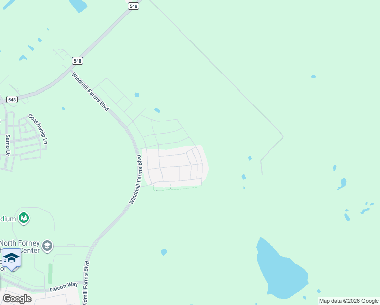 map of restaurants, bars, coffee shops, grocery stores, and more near WindMill Farms Boulevard in Forney