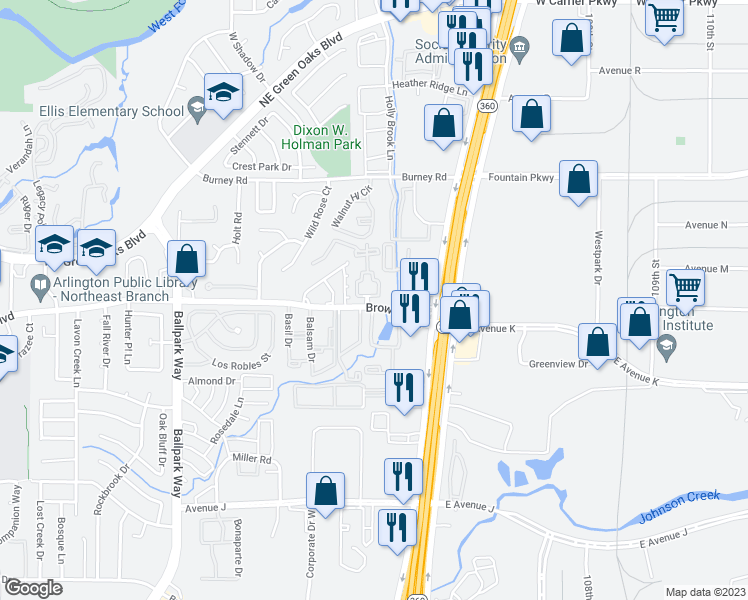 map of restaurants, bars, coffee shops, grocery stores, and more near 2505 Thomason Circle in Arlington