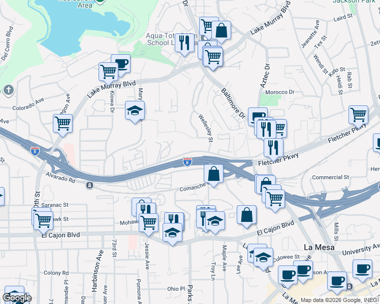 map of restaurants, bars, coffee shops, grocery stores, and more near 7576 Parkway Drive in La Mesa