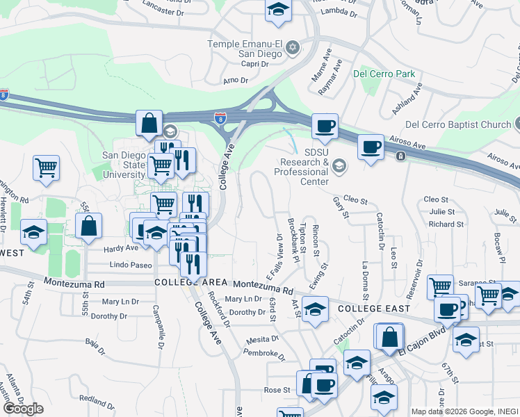 map of restaurants, bars, coffee shops, grocery stores, and more near 5336 West Falls View Drive in San Diego