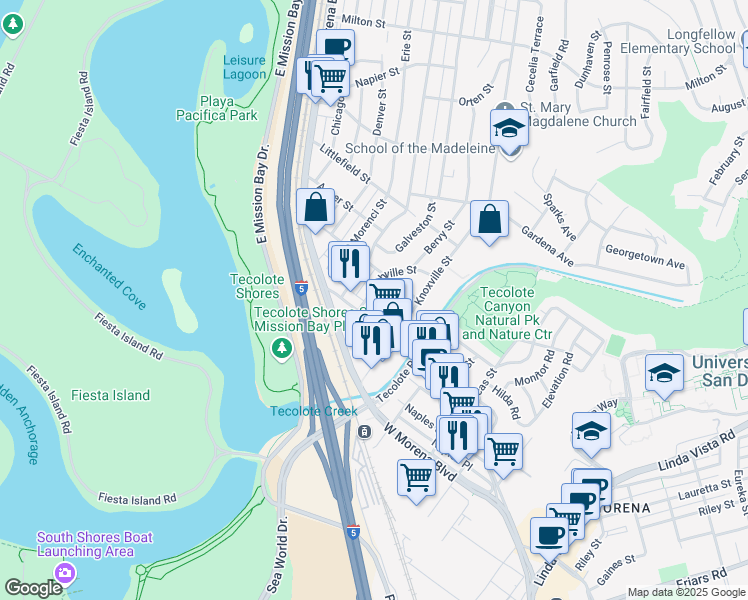 map of restaurants, bars, coffee shops, grocery stores, and more near 1370 Lehigh Street in San Diego
