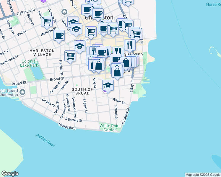 map of restaurants, bars, coffee shops, grocery stores, and more near 62 Tradd Street in Charleston