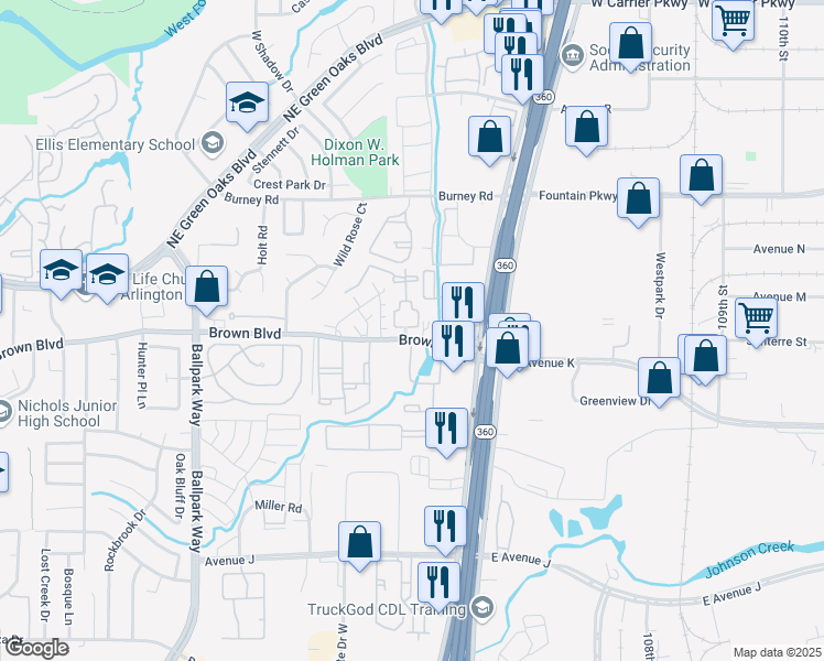 map of restaurants, bars, coffee shops, grocery stores, and more near 2505 Brown Boulevard in Arlington
