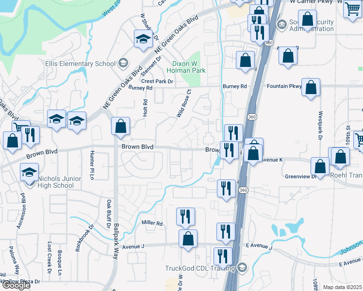 map of restaurants, bars, coffee shops, grocery stores, and more near 2403 Brown Boulevard in Arlington