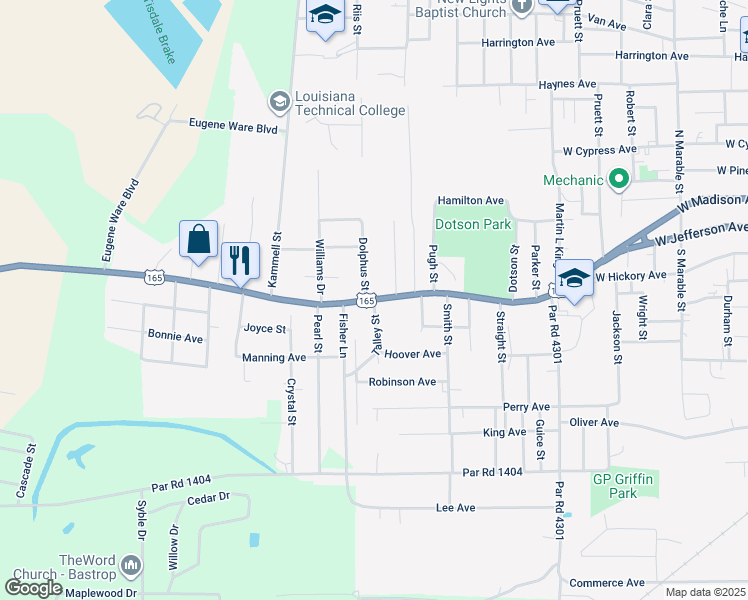 map of restaurants, bars, coffee shops, grocery stores, and more near 100 Talley Street in Bastrop