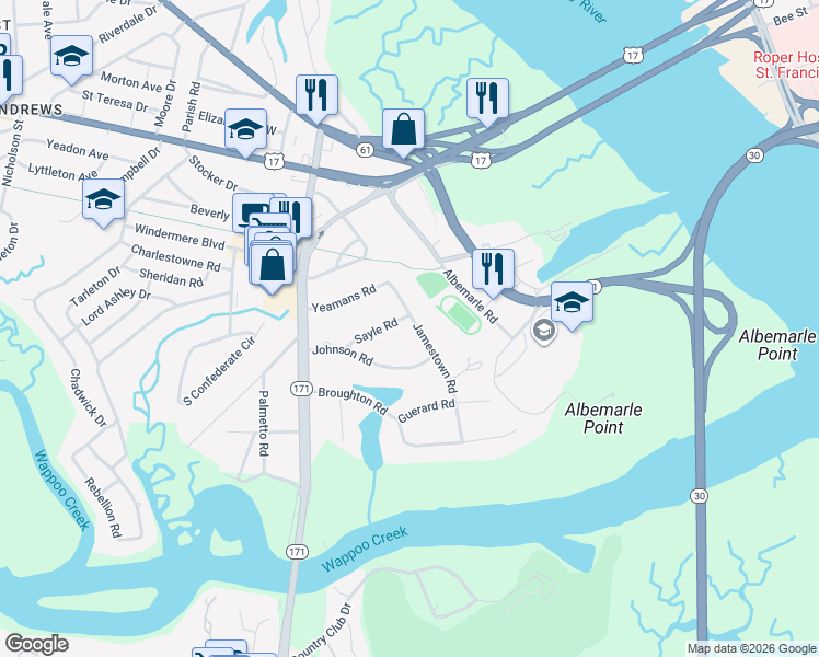 map of restaurants, bars, coffee shops, grocery stores, and more near 1 Sayle Road in Charleston