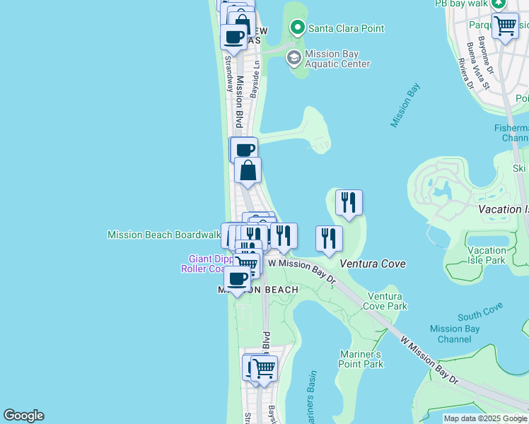 map of restaurants, bars, coffee shops, grocery stores, and more near 3334 Bayside Walk in San Diego