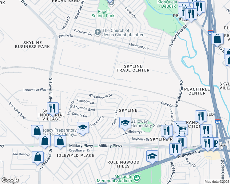map of restaurants, bars, coffee shops, grocery stores, and more near 2425 Whippoorwill Drive in Mesquite